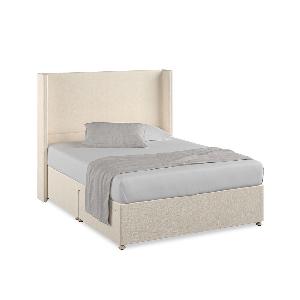 Penzance King-Size 2 Drawer Divan Bed with Winged Headboard in Venice Fabric - Cream 1