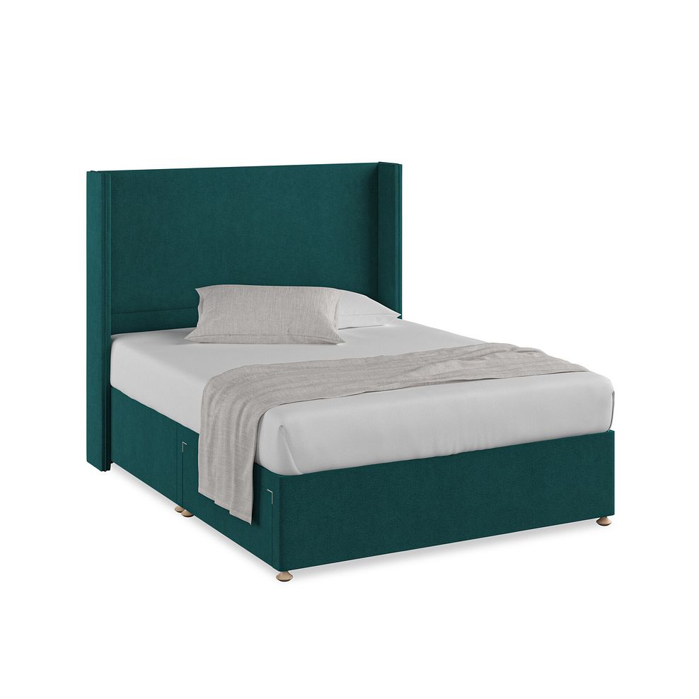 Penzance King-Size 2 Drawer Divan Bed with Winged Headboard in Venice Fabric - Teal 1