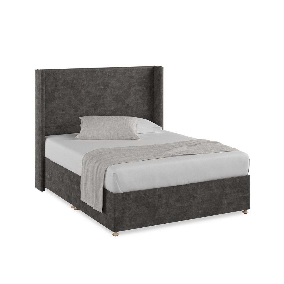 Penzance King-Size Divan Bed with Winged Headboard in Heritage Velvet - Steel 1