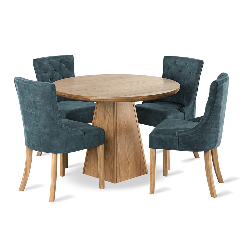 Provence Natural Oak Round Dining Table + 4  Isobel Button Back Chairs Seat in Heritage Airforce Velvet 1