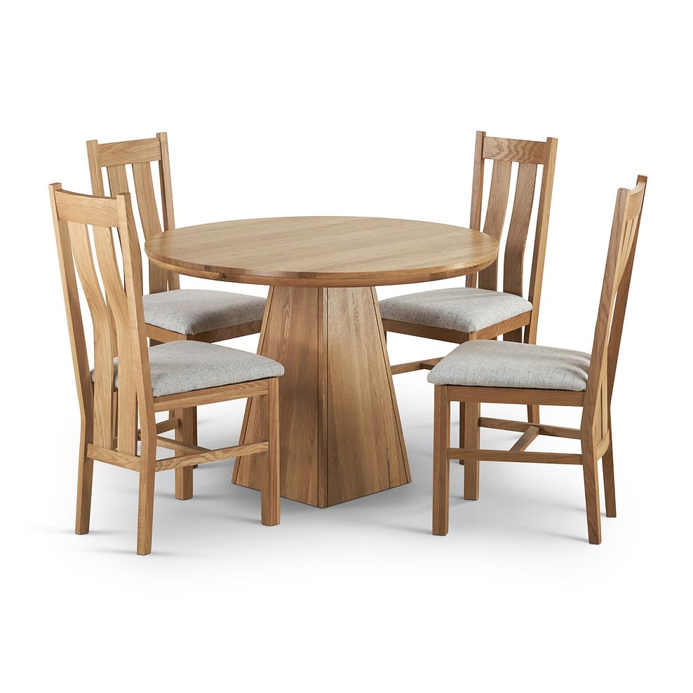 Provence Natural Solid Oak Round Table with Pyramid Base and 4 Arched Back Chairs with Grey Fabric Seats 1
