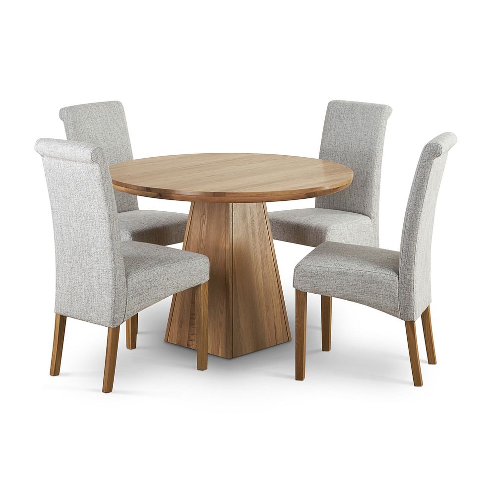 Provence Natural Solid Oak Round Table with Pyramid Base and 4 Scroll Back Plain Grey Fabric Chairs Thumbnail 1