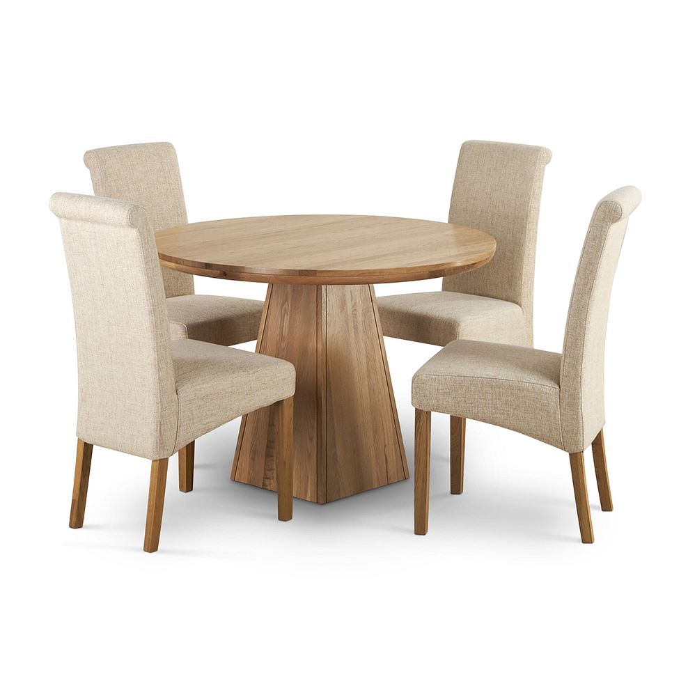 Provence Natural Solid Oak Round Table with Pyramid Base and 4 Scroll Back Plain Beige Fabric Chairs 1
