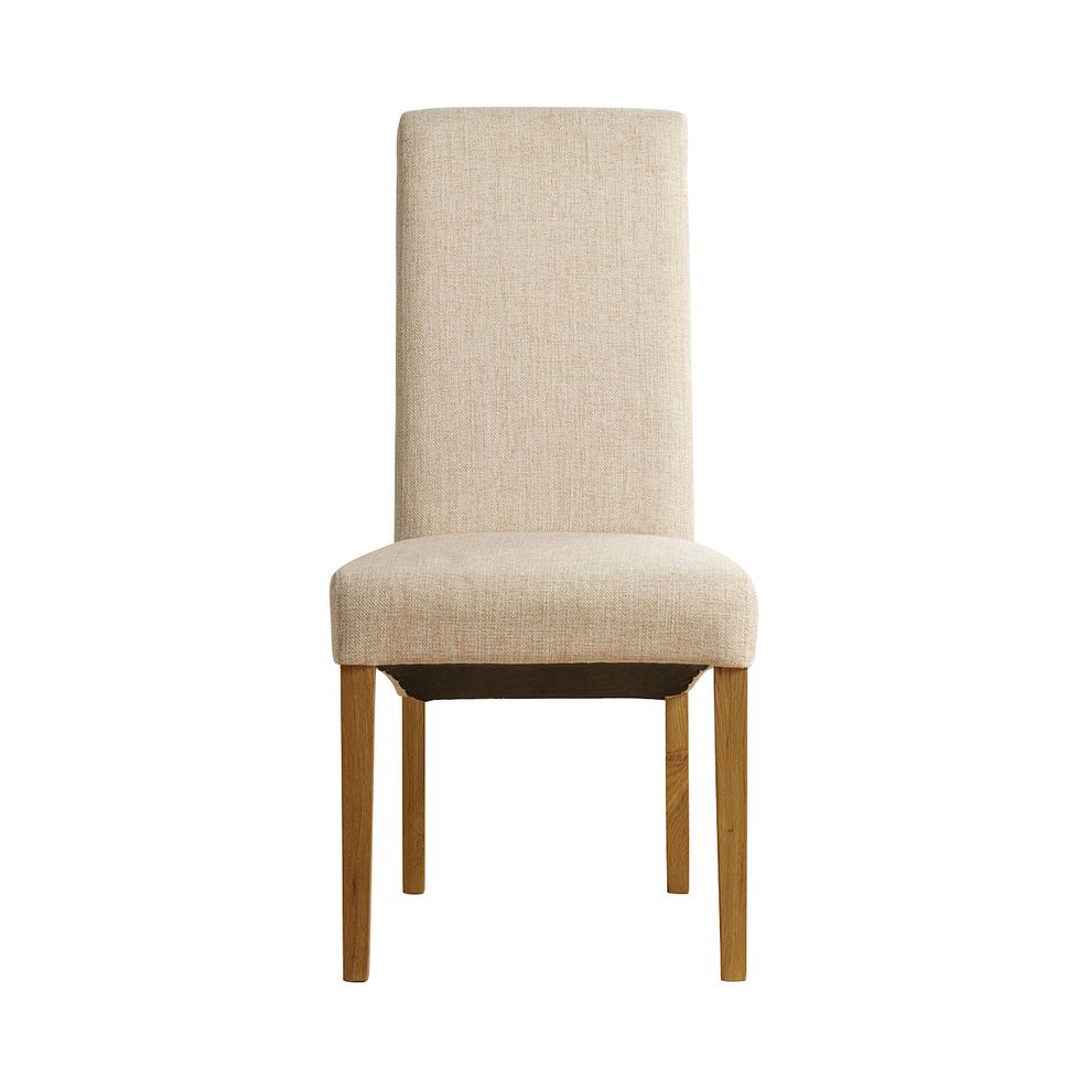 Provence Natural Solid Oak Round Table with Pyramid Base and 4 Scroll Back Plain Beige Fabric Chairs 3