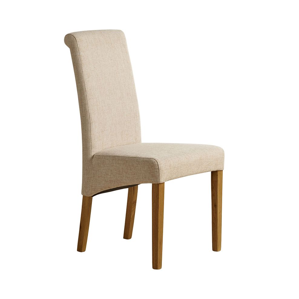 Provence Natural Solid Oak Round Table with Pyramid Base and 4 Scroll Back Plain Beige Fabric Chairs 2
