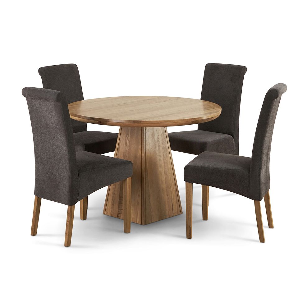 Provence Natural Solid Oak Round Table with Pyramid Base and 4 Scroll Back Plain Charcoal Fabric Chairs 1