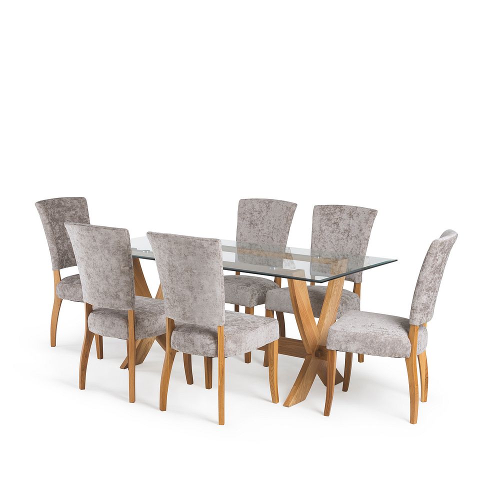 Reflection Glass Dining Table in Natural Solid Oak and 6 Curve Back Plain Truffle Fabric Chairs 1
