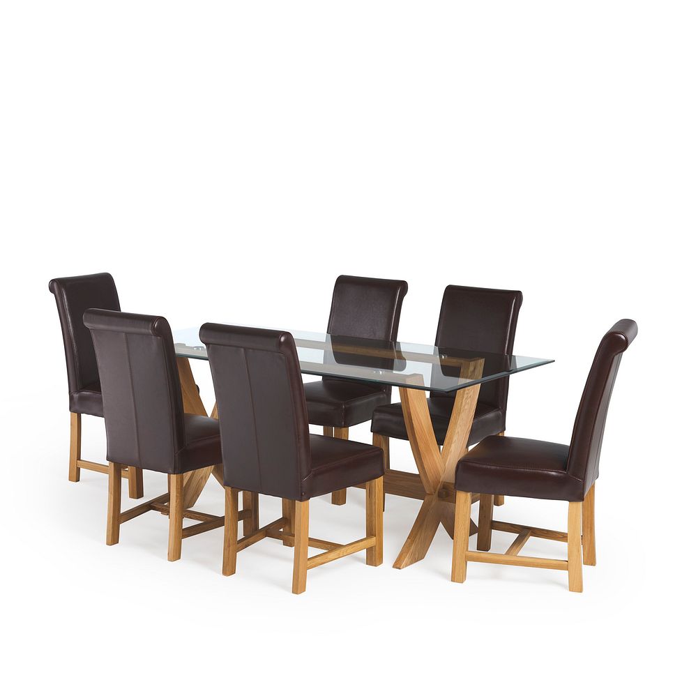 Reflection Glass Dining Table in Natural Solid Oak and 6 Braced Scroll Back Brown Bicast Leather Chairs 1