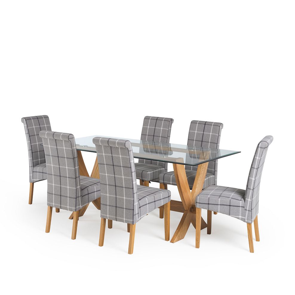Reflection Glass Dining Table in Natural Solid Oak and 6 Scroll Back Checked Granite Fabric Chairs 1