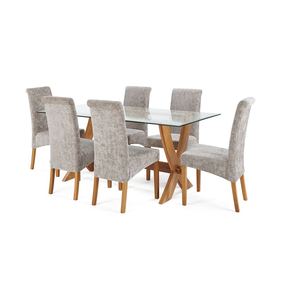 Reflection Glass Dining Table in Natural Solid Oak with 6 Scroll Back Plain Truffle Fabric Chairs 1