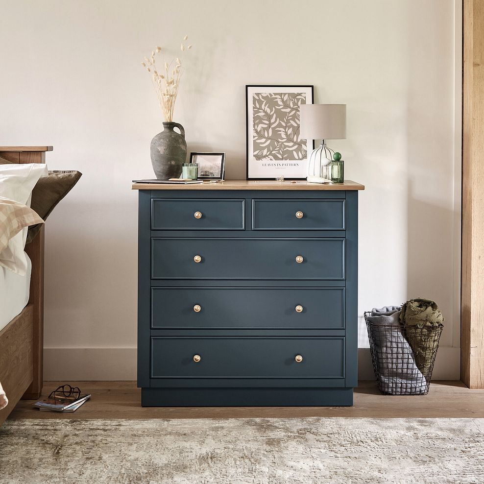 Richmond Smoked Oak Finish and Ink Blue Painted Hardwood 5 Drawer Chest 1