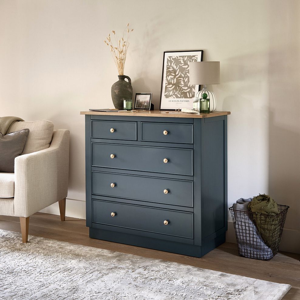 Richmond Smoked Oak Finish and Ink Blue Painted Hardwood 5 Drawer Chest 2
