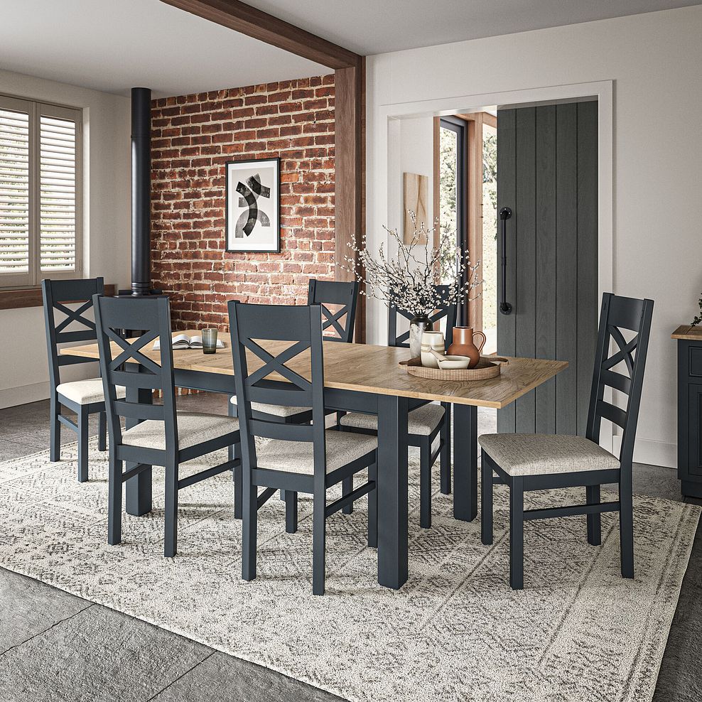 Richmond Smoked Oak Finish and Ink Blue Painted Extending Dining Table + 6 Richmond Ink Blue Painted Dining Chairs with Plain Grey Seat Pads 1