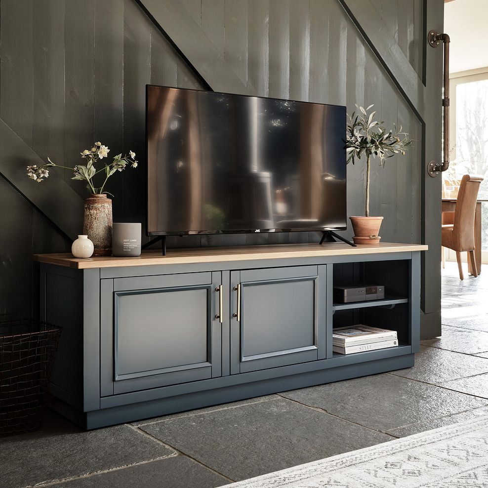 Richmond Smoked Oak Finish and Ink Blue Painted Hardwood Large TV Unit 3