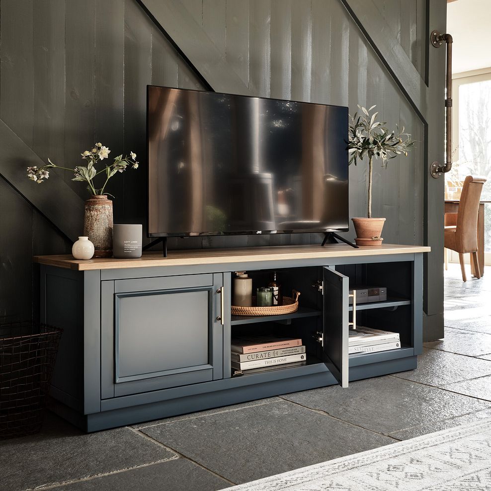 Richmond Smoked Oak Finish and Ink Blue Painted Hardwood Large TV Unit 4
