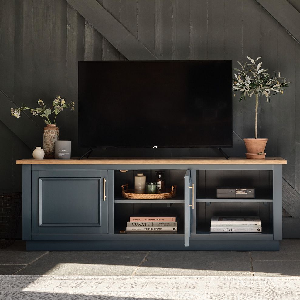 Richmond Smoked Oak Finish and Ink Blue Painted Hardwood Large TV Unit 2