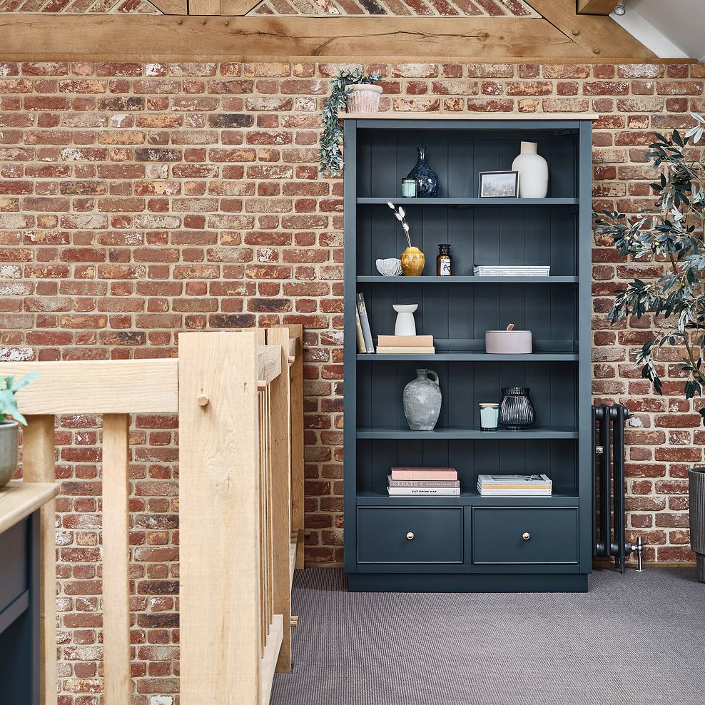 Richmond Smoked Oak Finish and Ink Blue Painted Hardwood Tall Bookcase 2