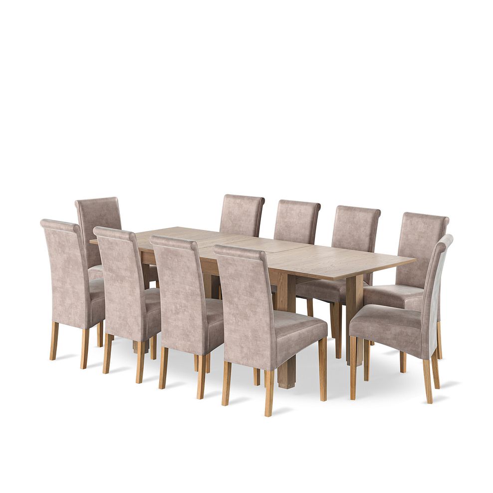 Richmond Smoked Oak Finish Extending Dining Table + 10 Scroll Back Chairs in Heritage Mink Velvet with Oak Legs 1