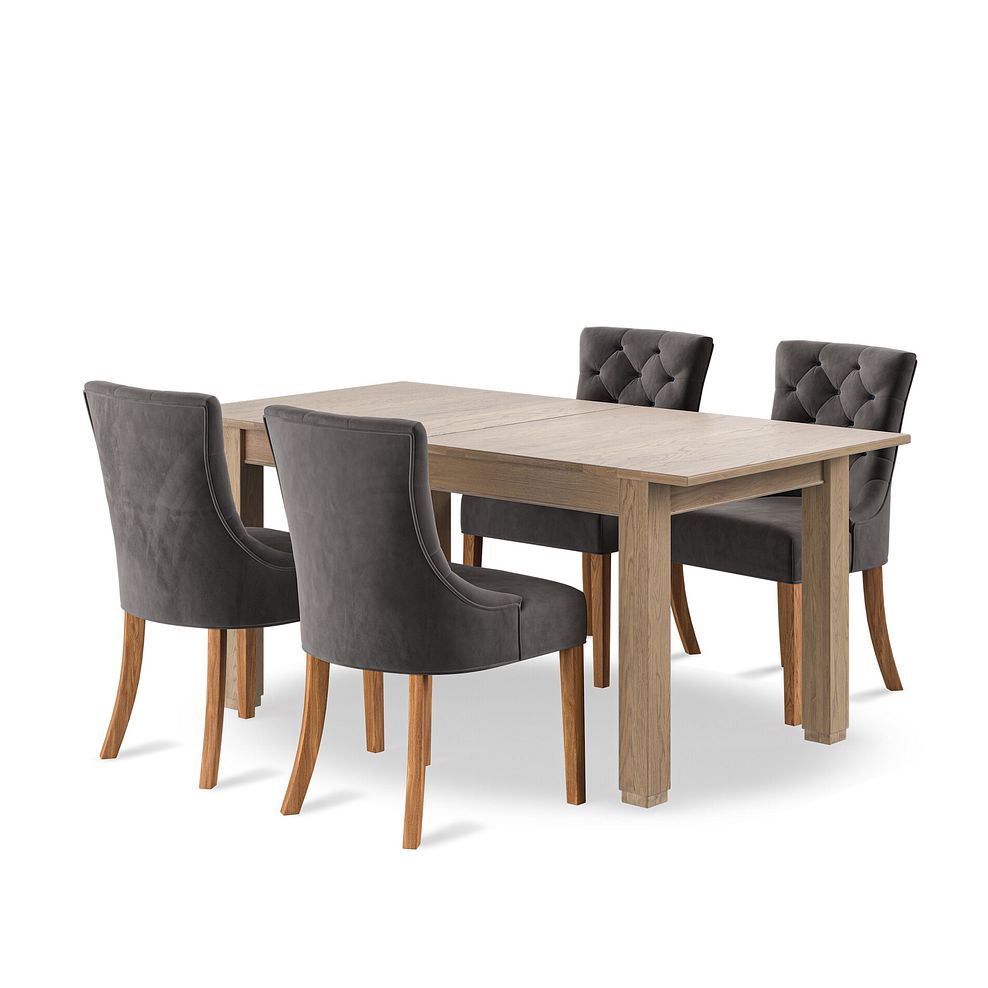 Richmond Smoked Oak Finish Extending Dining Table + 4 Isobel Button Back Chairs in Storm Grey Velvet with Natural Oak Legs 1