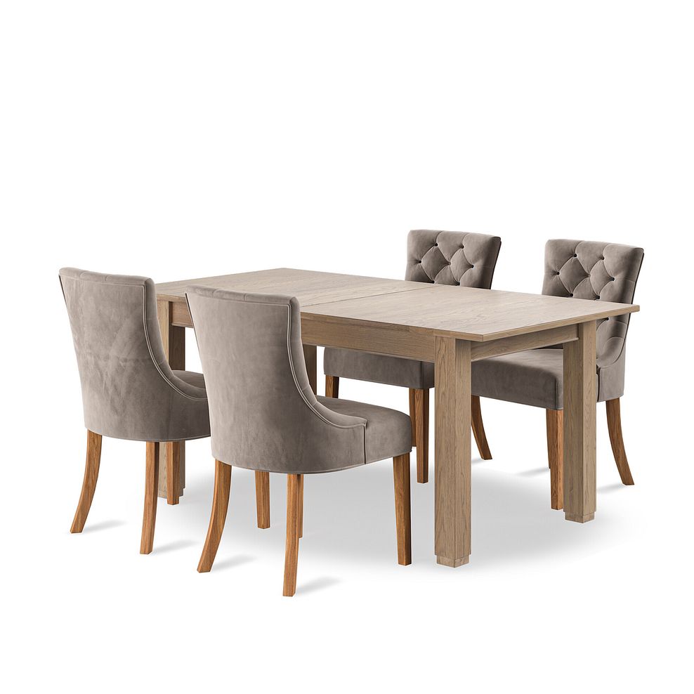 Richmond Smoked Oak Finish Extending Dining Table + 4 Isobel Button Back Chairs in Taupe Velvet with Natural Oak Legs 1