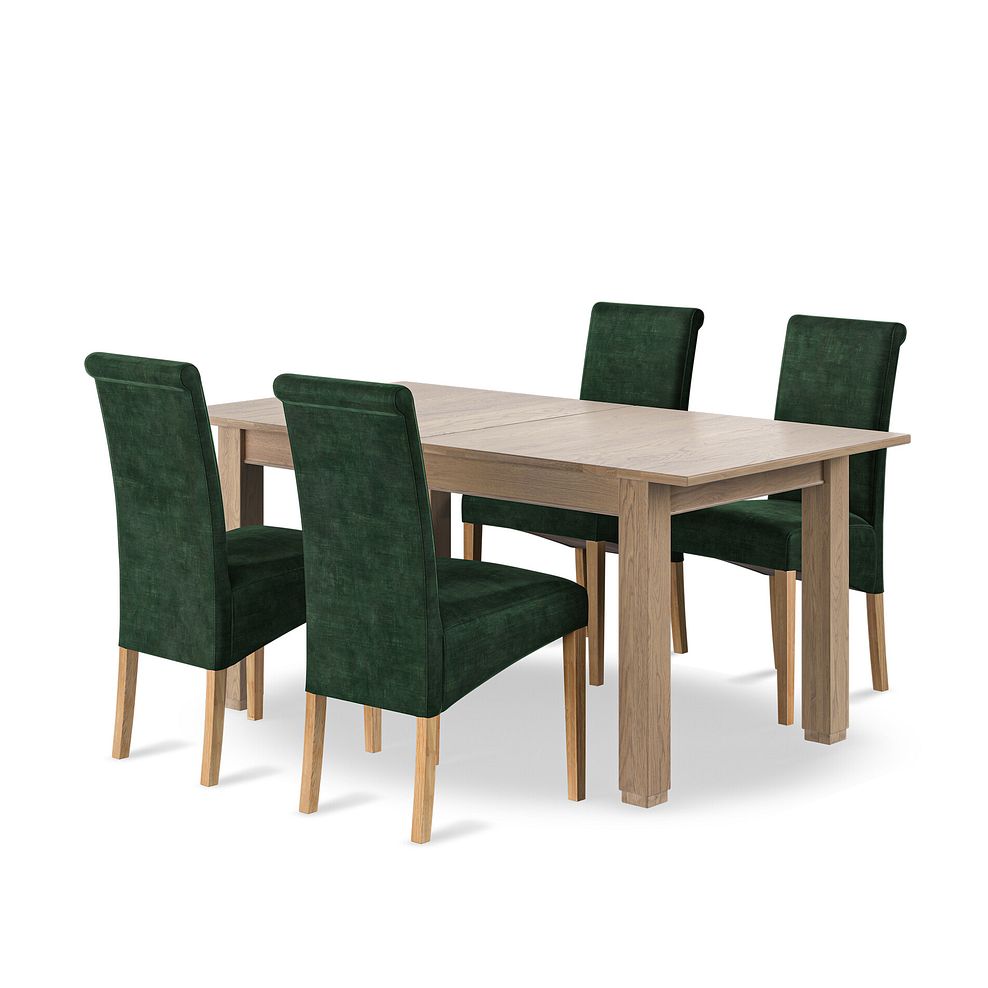 Richmond Smoked Oak Finish Extending Dining Table + 4 Scroll Back Chairs in Heritage Bottle Green Velvet with Oak Legs 1