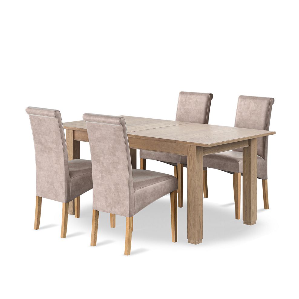 Richmond Smoked Oak Finish Extending Dining Table + 4 Scroll Back Chairs in Heritage Mink Velvet with Oak Legs 1