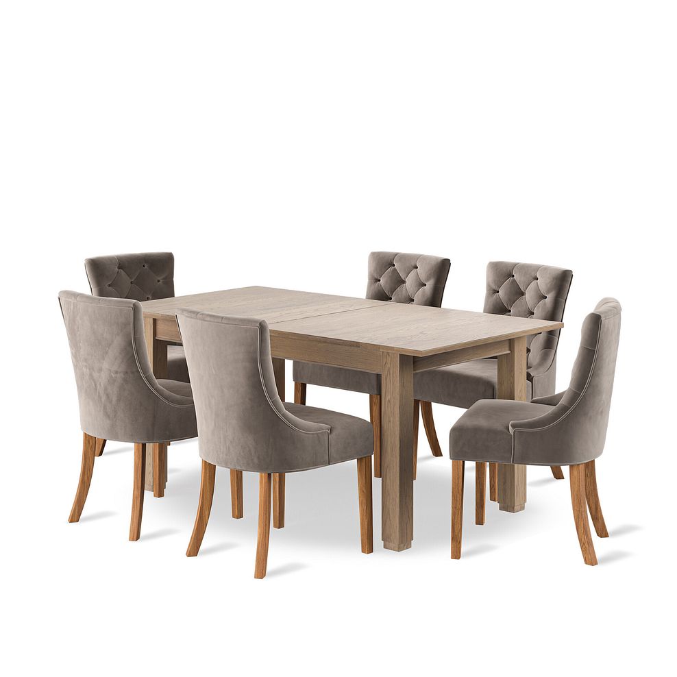 Richmond Smoked Oak Finish Extending Dining Table + 6 Isobel Button Back Chairs in Taupe Velvet with Natural Oak Legs 1