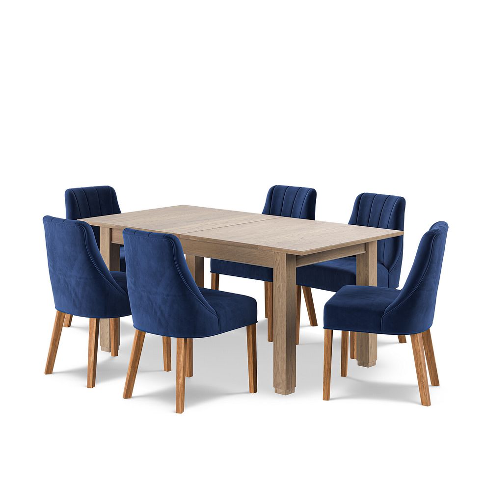 Richmond Smoked Oak Finish Extending Dining Table + 6 Marlene Upholstered Chairs with Oak Legs in Midnight Velvet 1