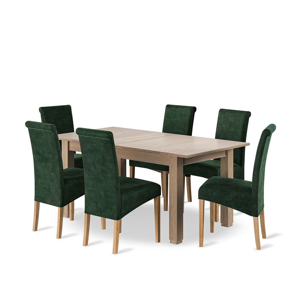 Richmond Smoked Oak Finish Extending Dining Table + 6 Scroll Back Chairs in Heritage Bottle Green Velvet with Oak Legs 1