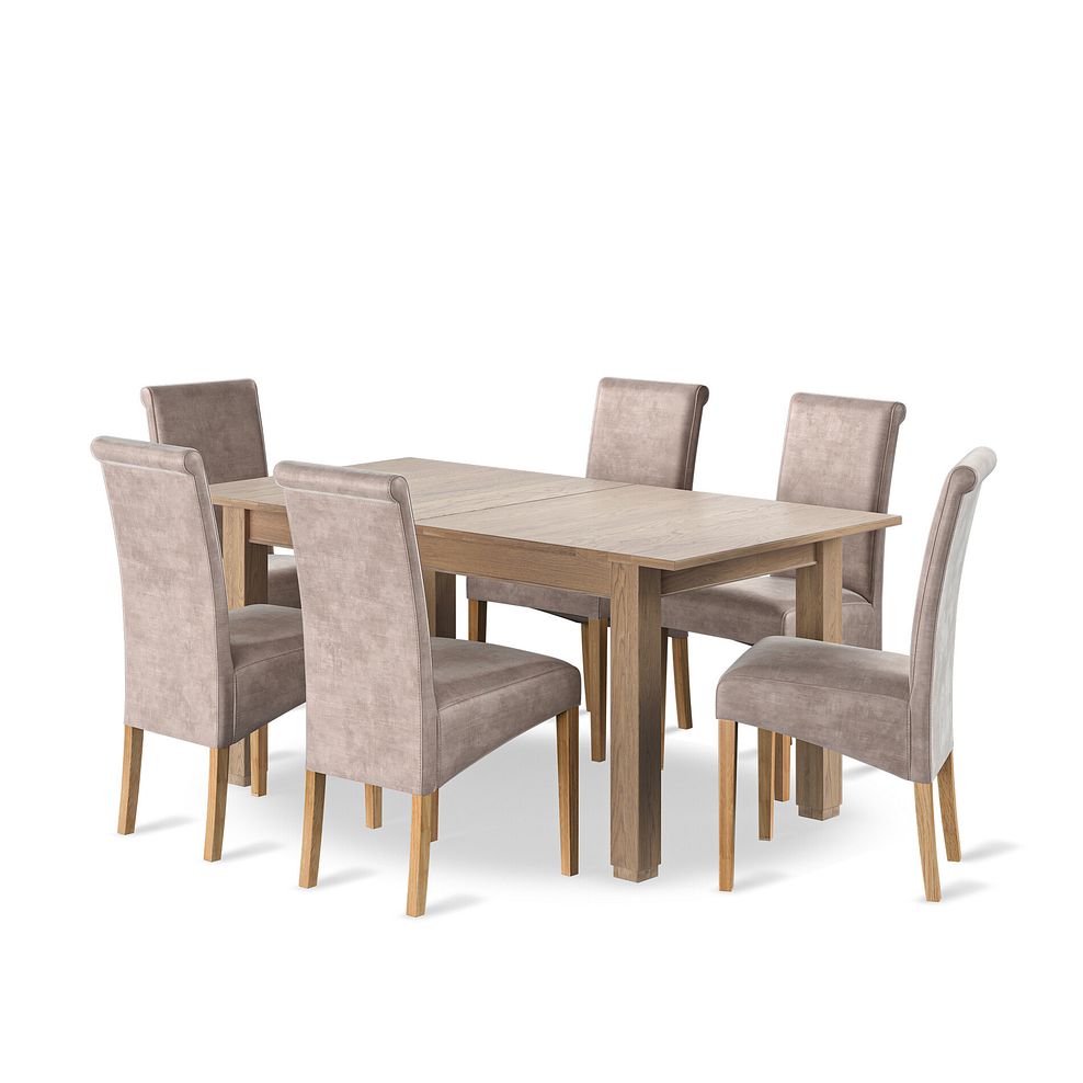 Richmond Smoked Oak Finish Extending Dining Table + 6 Scroll Back Chairs in Heritage Mink Velvet with Oak Legs 1