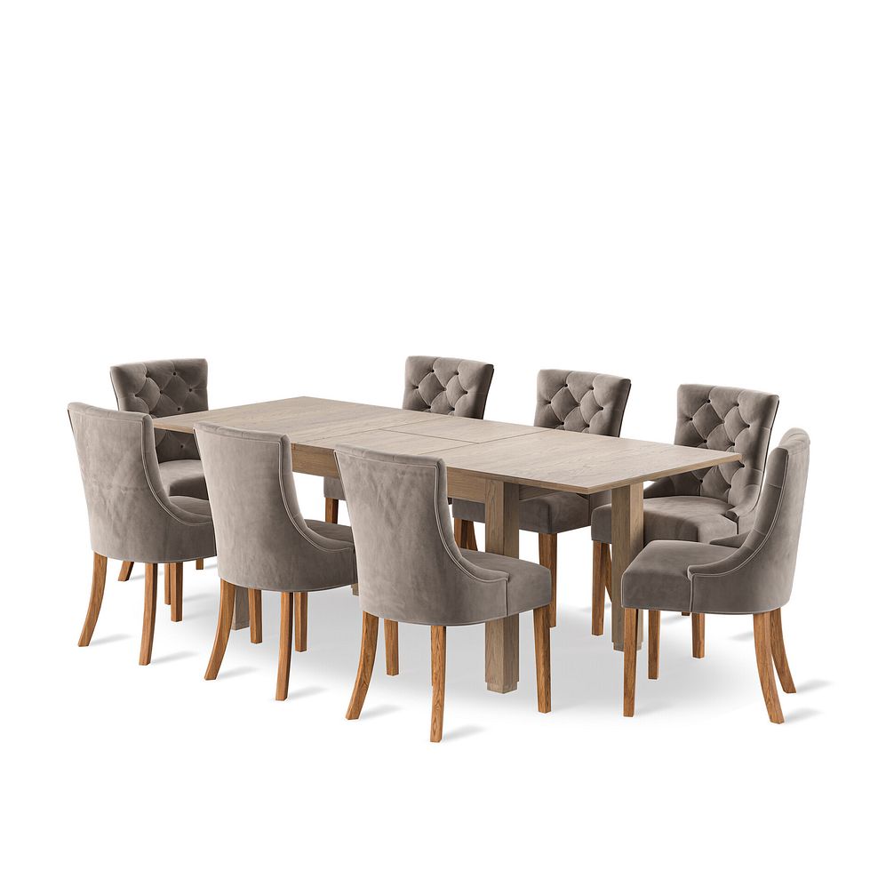 Richmond Smoked Oak Finish Extending Dining Table + 8 Isobel Button Back Chairs in Taupe Velvet with Natural Oak Legs 1