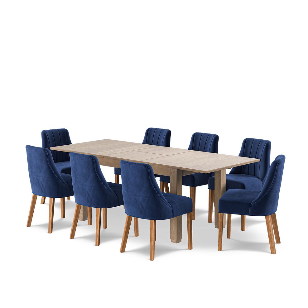 Richmond Smoked Oak Finish Extending Dining Table + 8 Marlene Upholstered Chairs with Oak Legs in Midnight Velvet 1