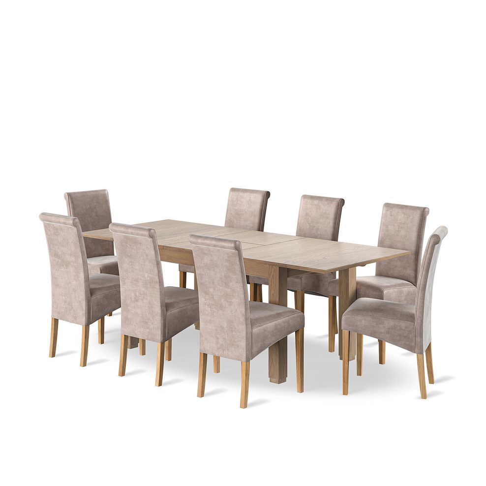 Richmond Smoked Oak Finish Extending Dining Table + 8 Scroll Back Chairs in Heritage Mink Velvet with Oak Legs 1