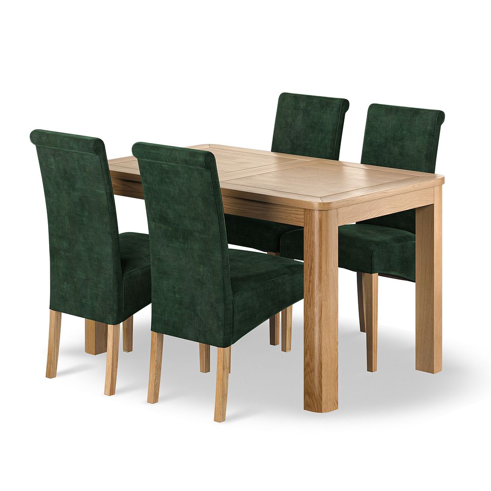 Romsey Natural Oak Extending Dining Table + 4 Scroll Back Chairs in Heritage Bottle Green Velvet with Oak Legs 1