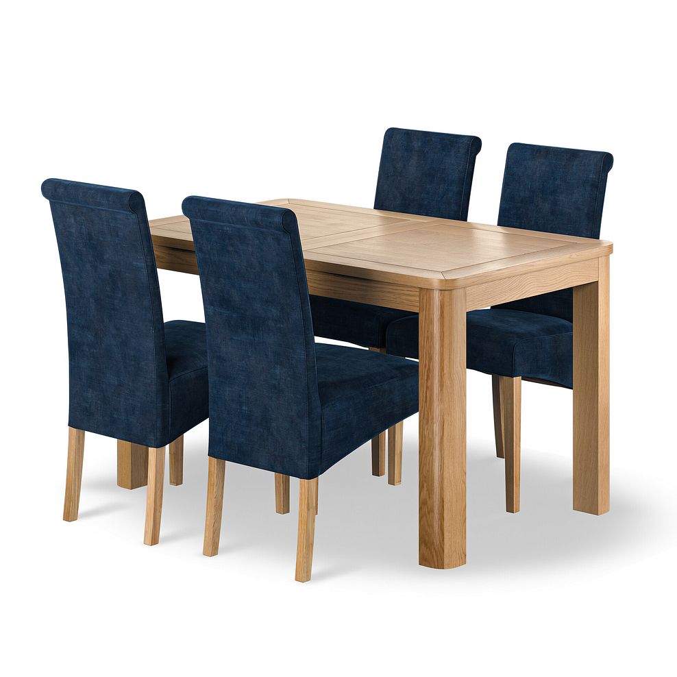 Romsey Natural Oak Extending Dining Table + 4 Scroll Back Chairs in Heritage Royal Blue Velvet with Oak Legs 1