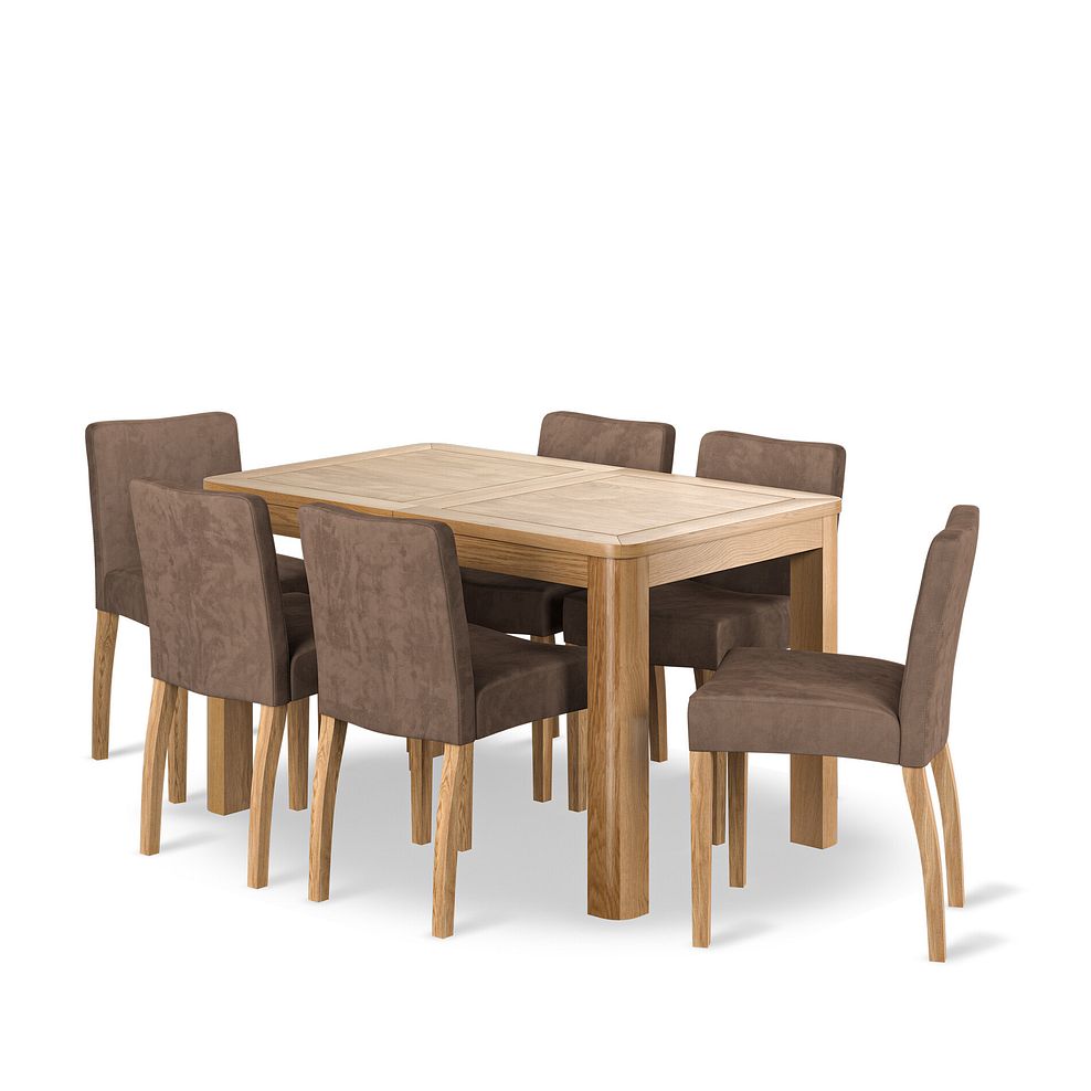 Romsey Natural Oak Extending Dining Table + 6 Dawson Chairs with Oak Legs in Suede Look Brown Fabric 1