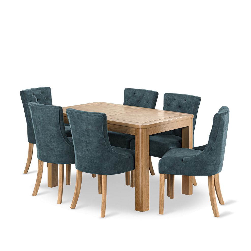 Romsey Natural Oak Extending Dining Table + 6 Isobel Button Back Chairs Seat in Heritage Airforce Velvet 1