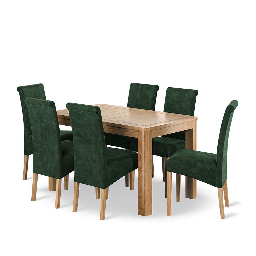 Romsey Natural Oak Extending Dining Table + 6 Scroll Back Chairs in Heritage Bottle Green Velvet with Oak Legs 1