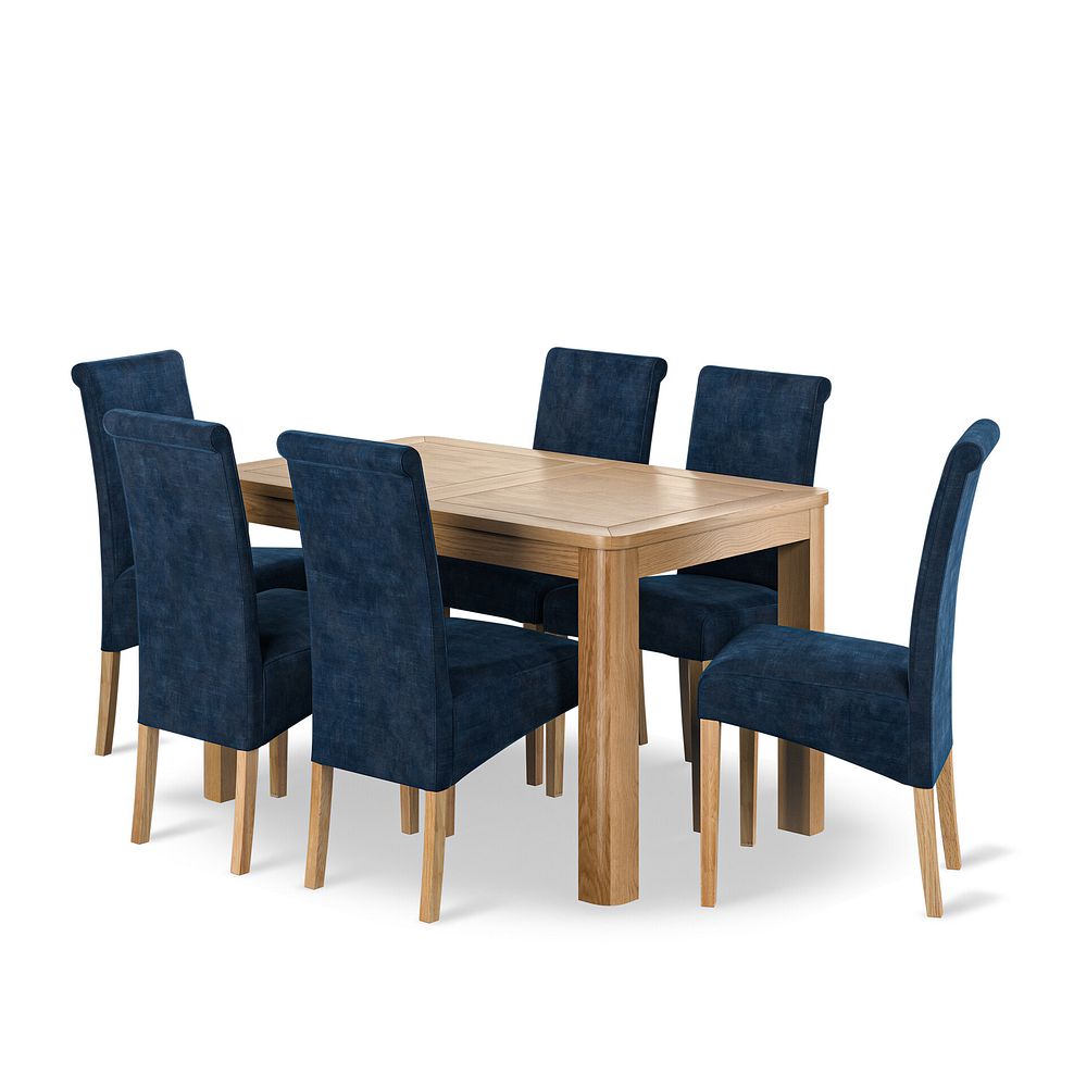 Romsey Natural Oak Extending Dining Table + 6 Scroll Back Chairs in Heritage Royal Blue Velvet with Oak Legs 1
