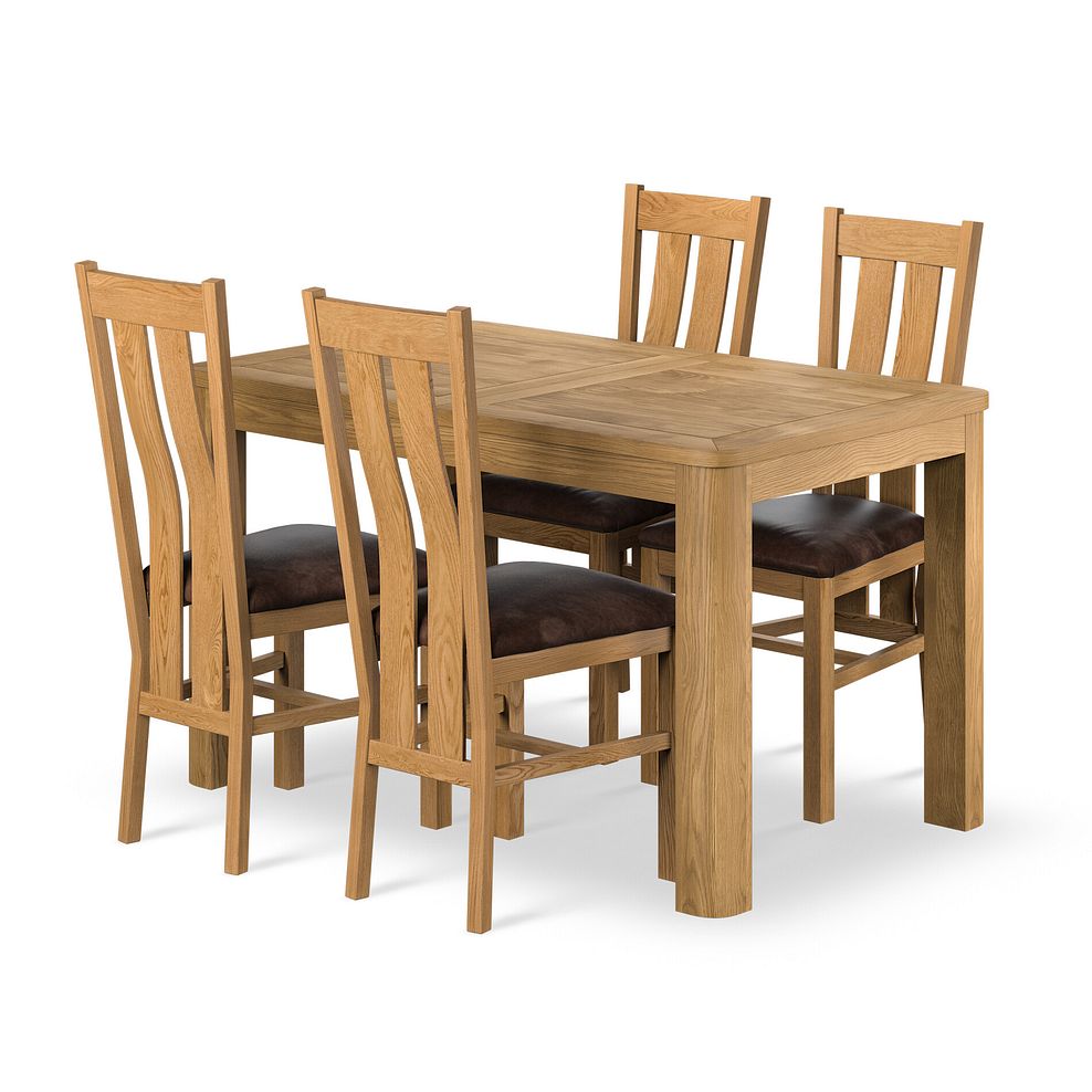 Romsey Natural Solid Oak 4ft 3 Extending Dining Table + 4 Arched Back Natural Solid Oak Chair with Vintage Brown Leather Look Fabric Seat 1