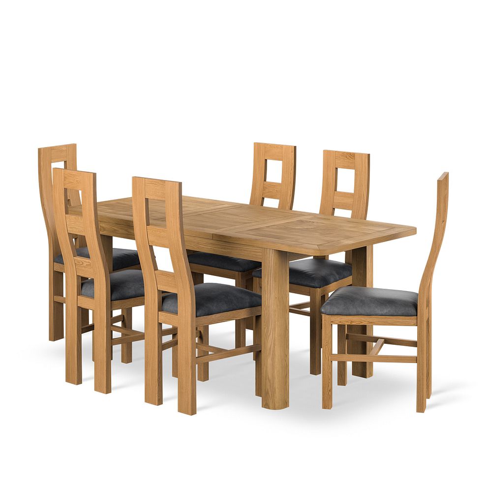 Romsey Natural Solid Oak 4ft 3 Extending Dining Table + 6 Wave Back Natural Solid Oak Chair with Vintage Black Leather Look Fabric Seat 1