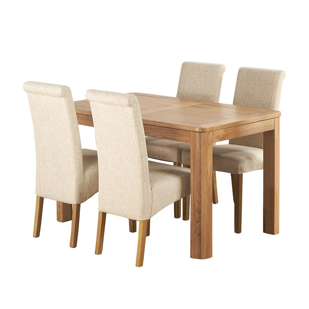 Romsey Natural Solid Oak Extending Dining Table with 4 Scroll Back Plain Beige Fabric Chairs 1