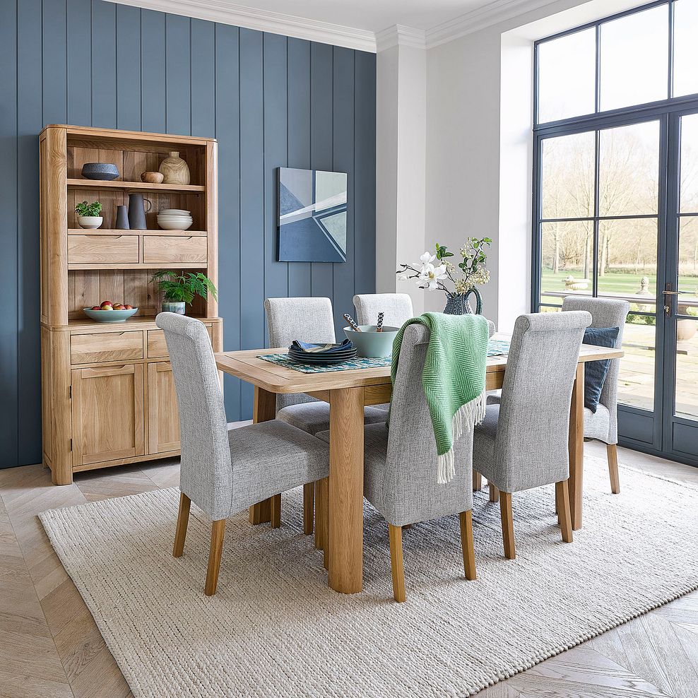Romsey Natural Solid Oak Extending Dining Table and 4 Scroll Back Plain Grey Fabric Chairs 2