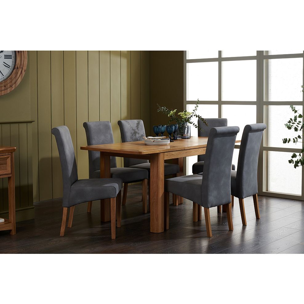Romsey Natural Solid Oak Extending Dining Table and 6 Scroll Back Dappled Silver Fabric Chairs 1