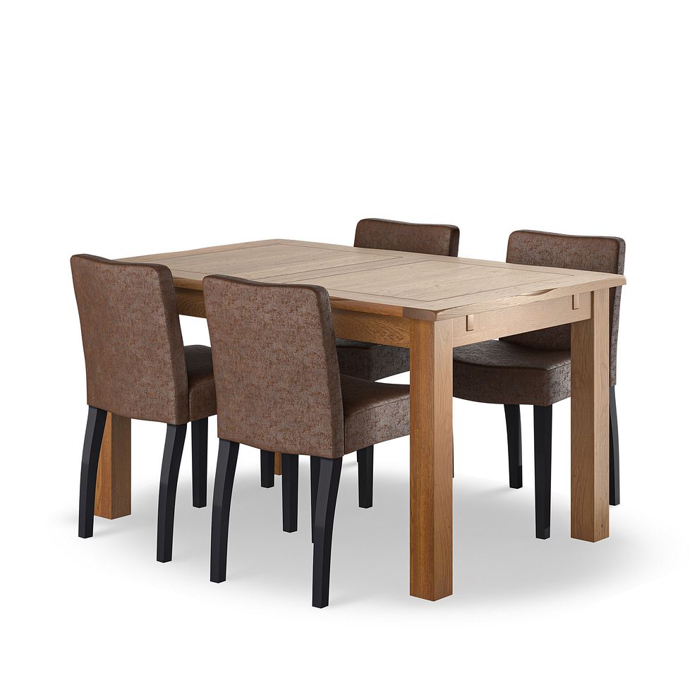 Rushmere Rustic Oak Extending Dining Table + 4 Dawson Chairs with Black Legs in Vintage Brown Leather Look Fabric 1