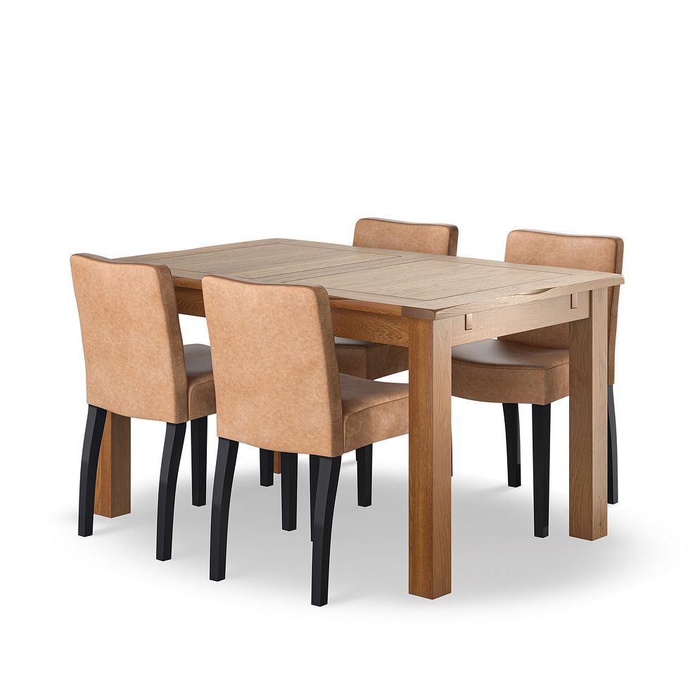 Rushmere Rustic Oak Extending Dining Table + 4 Dawson Chairs with Black Legs in Vintage Tan Leather Look Fabric 1
