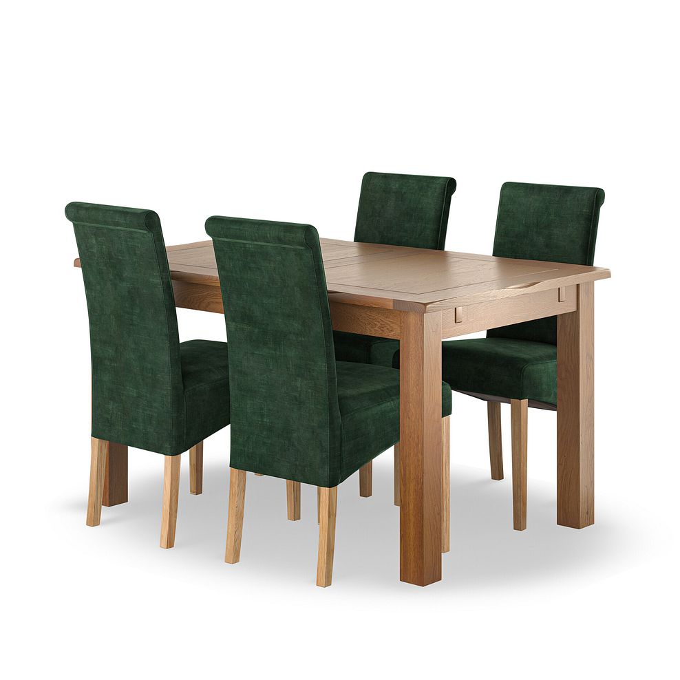 Rushmere Rustic Oak Extending Dining Table + 4 Scroll Back Chairs in Heritage Bottle Green Velvet with Oak Legs 1
