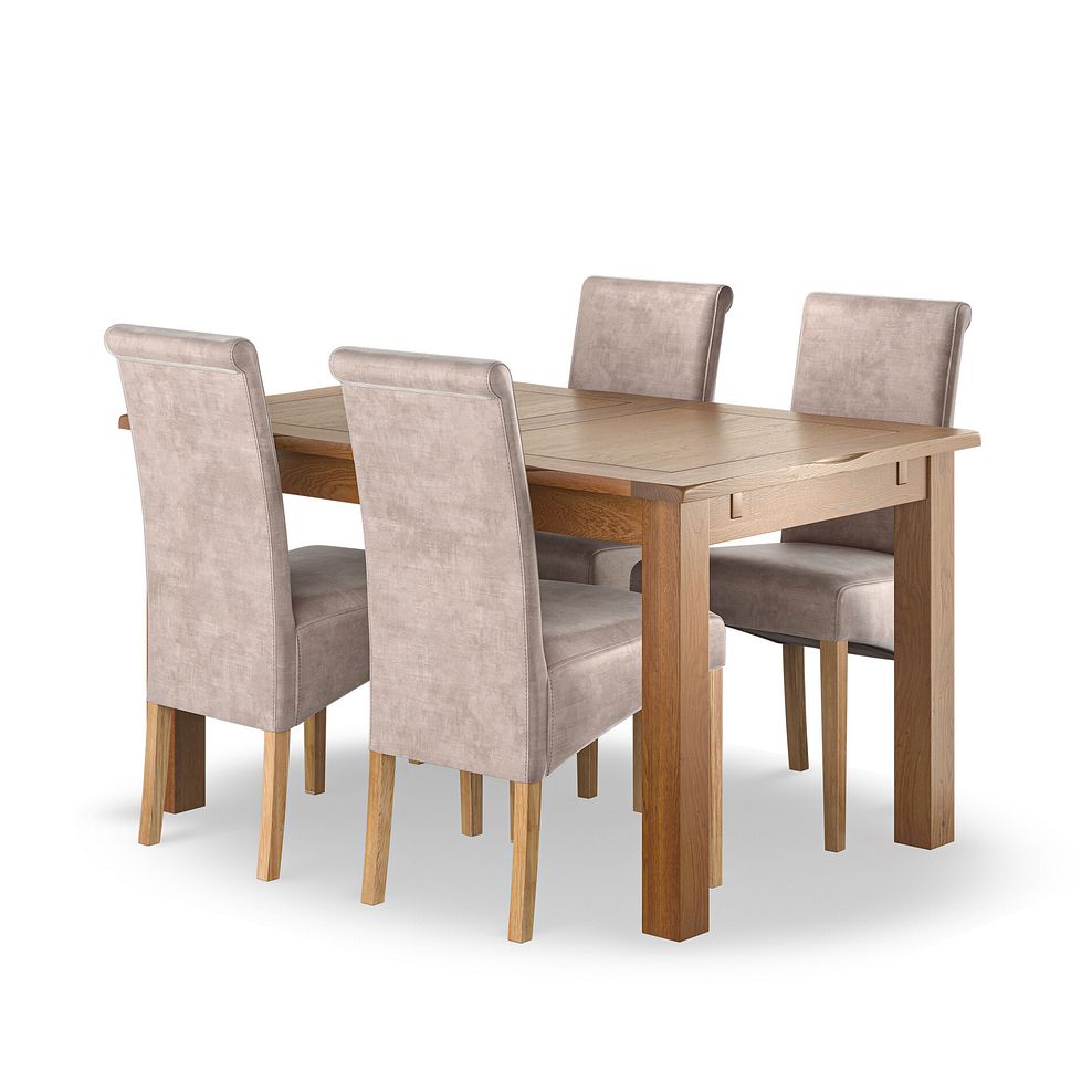 Rushmere Rustic Oak Extending Dining Table + 4 Scroll Back Chairs in Heritage Mink Velvet with Oak Legs 1