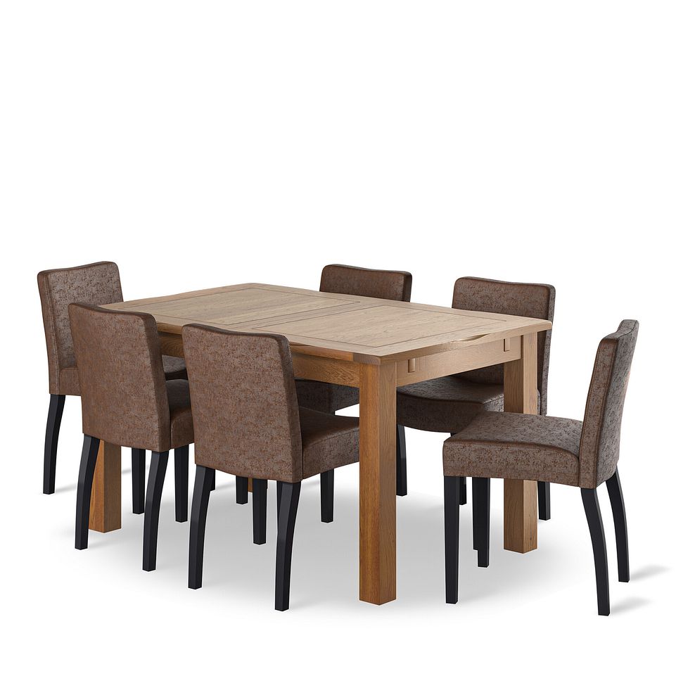 Rushmere Rustic Oak Extending Dining Table + 6 Dawson Chairs with Black Legs in Vintage Brown Leather Look Fabric 1