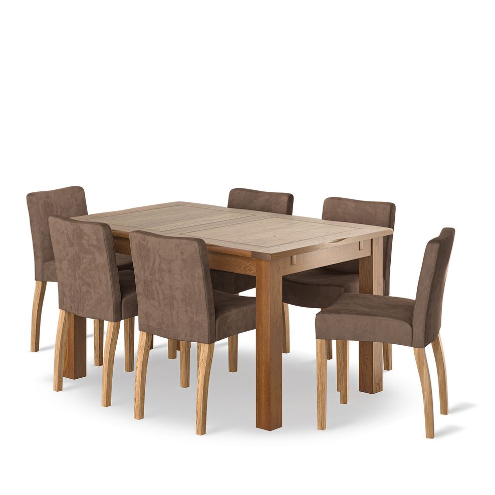 Rushmere Rustic Oak Extending Dining Table + 6 Dawson Chairs with Oak Legs in Suede Look Brown Fabric 1